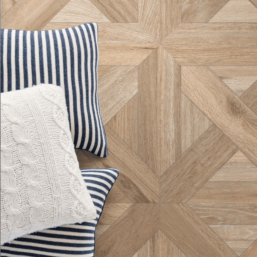Brown parquet wood-effect tiles for hallway and bedroom