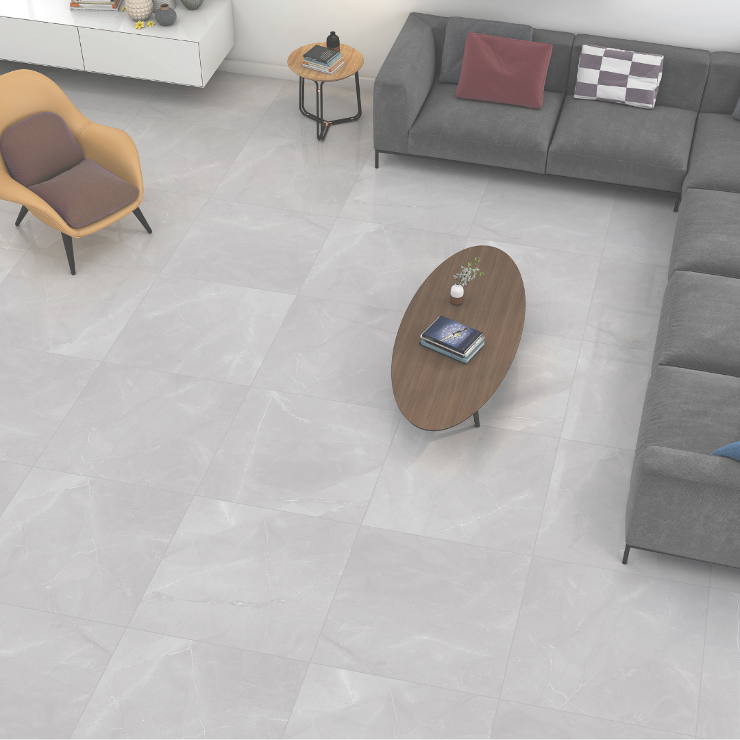 Hallway wall and floor with polished stone effect tiles