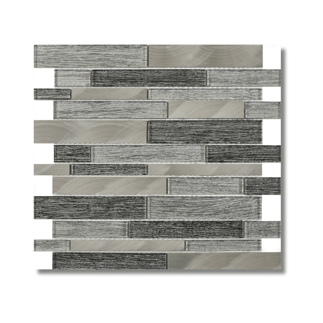 Ashby grey glass metal mosaic offset linear wall tiles