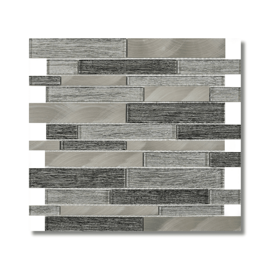 Ashby grey glass metal mosaic offset linear wall tiles