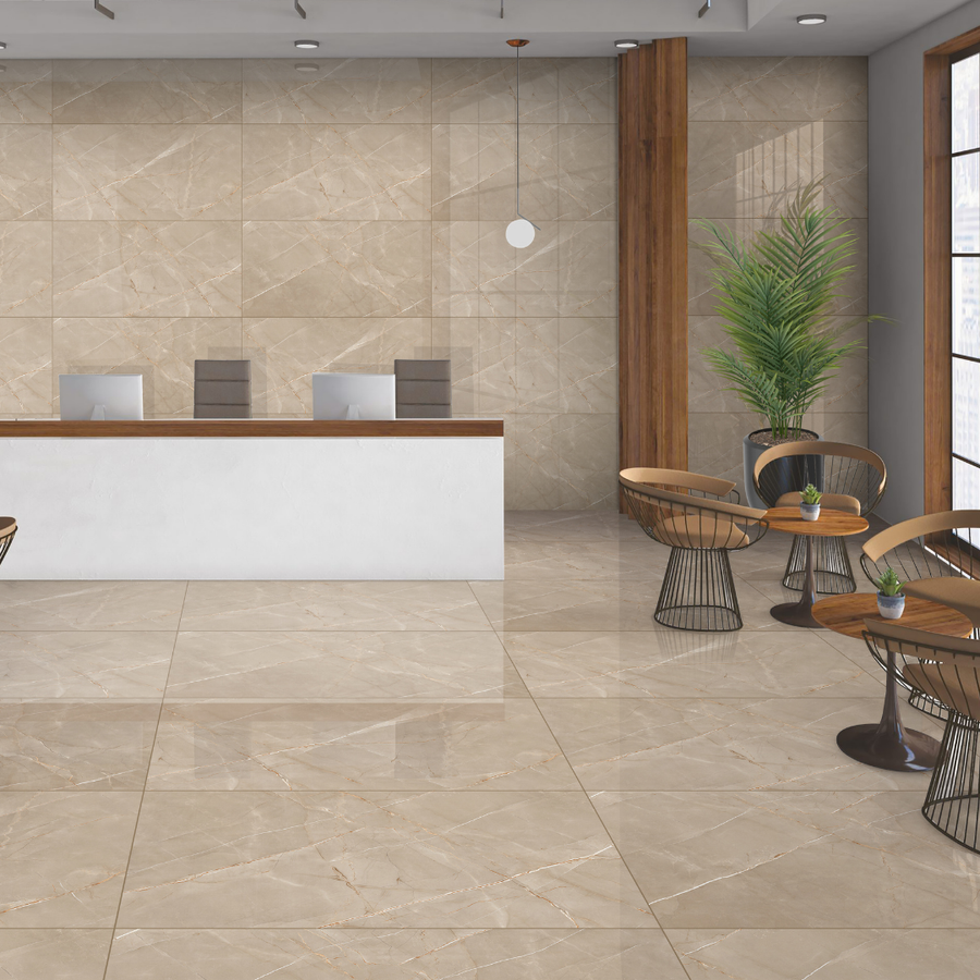 Hallway wall and floor finished with beige marble effect tiles