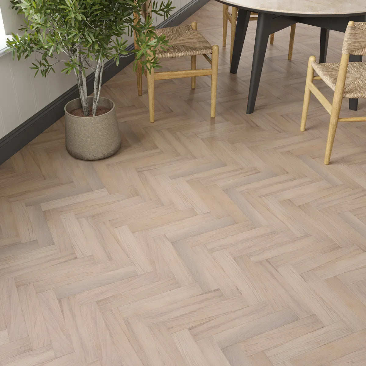 Meaburn White Oak Herringbone Flooring in a room setting