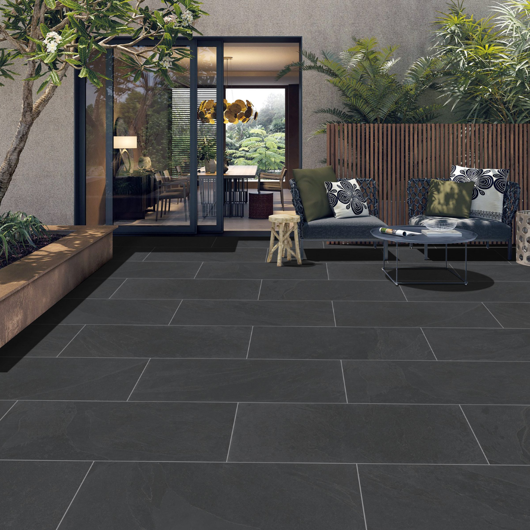 Acmora Ice black stone effect porcelain outdoor floor tiles