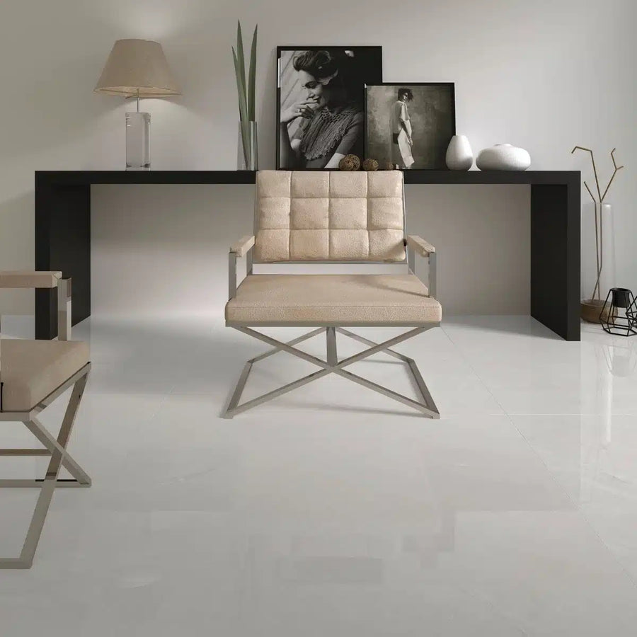Polished beige floor tiles installed in a modern open-plan living room