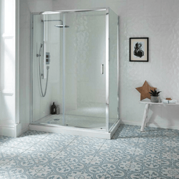 Patterned ceramic wall and floor tiles in powder blue