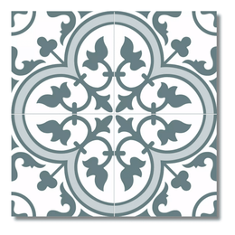 Patterned ceramic wall and floor tiles in blue tone