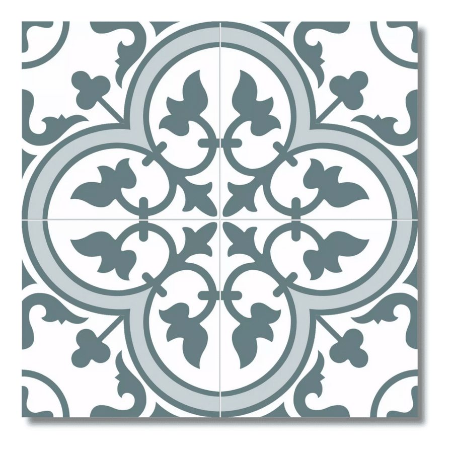 Patterned ceramic wall and floor tiles in blue tone