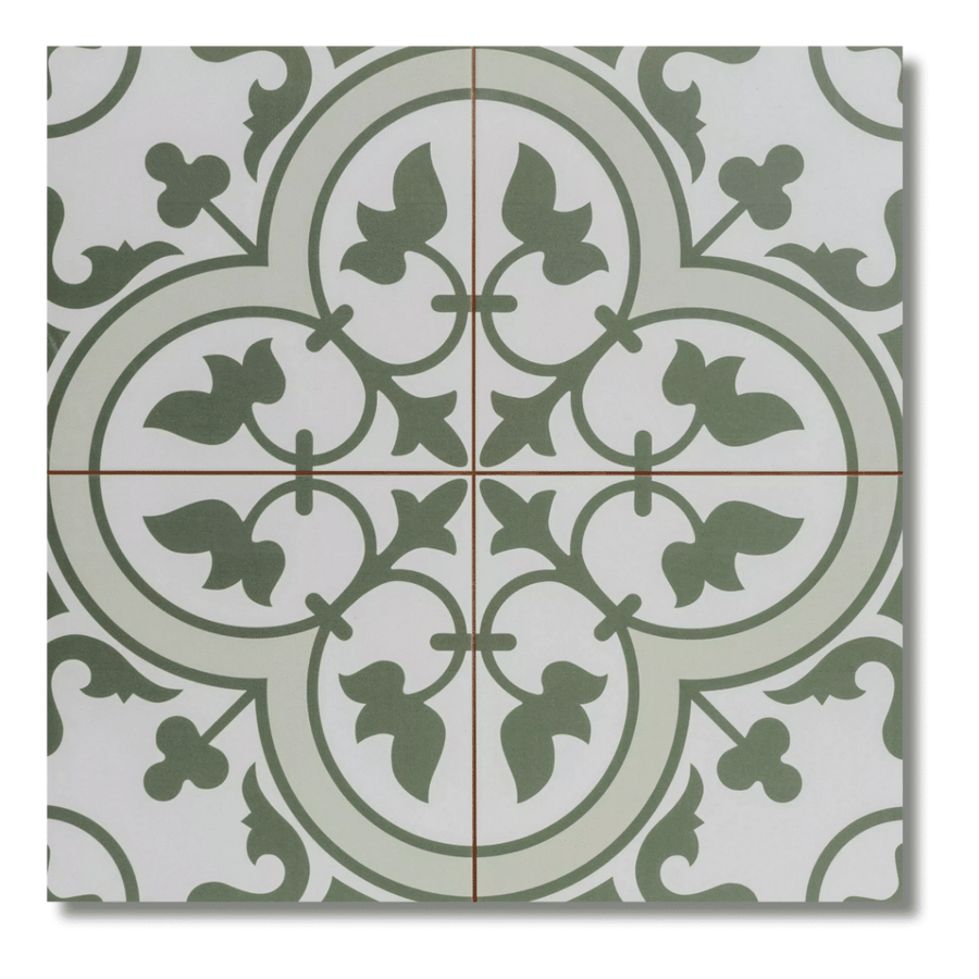Matt finish patterned ceramic tiles in olive green tone