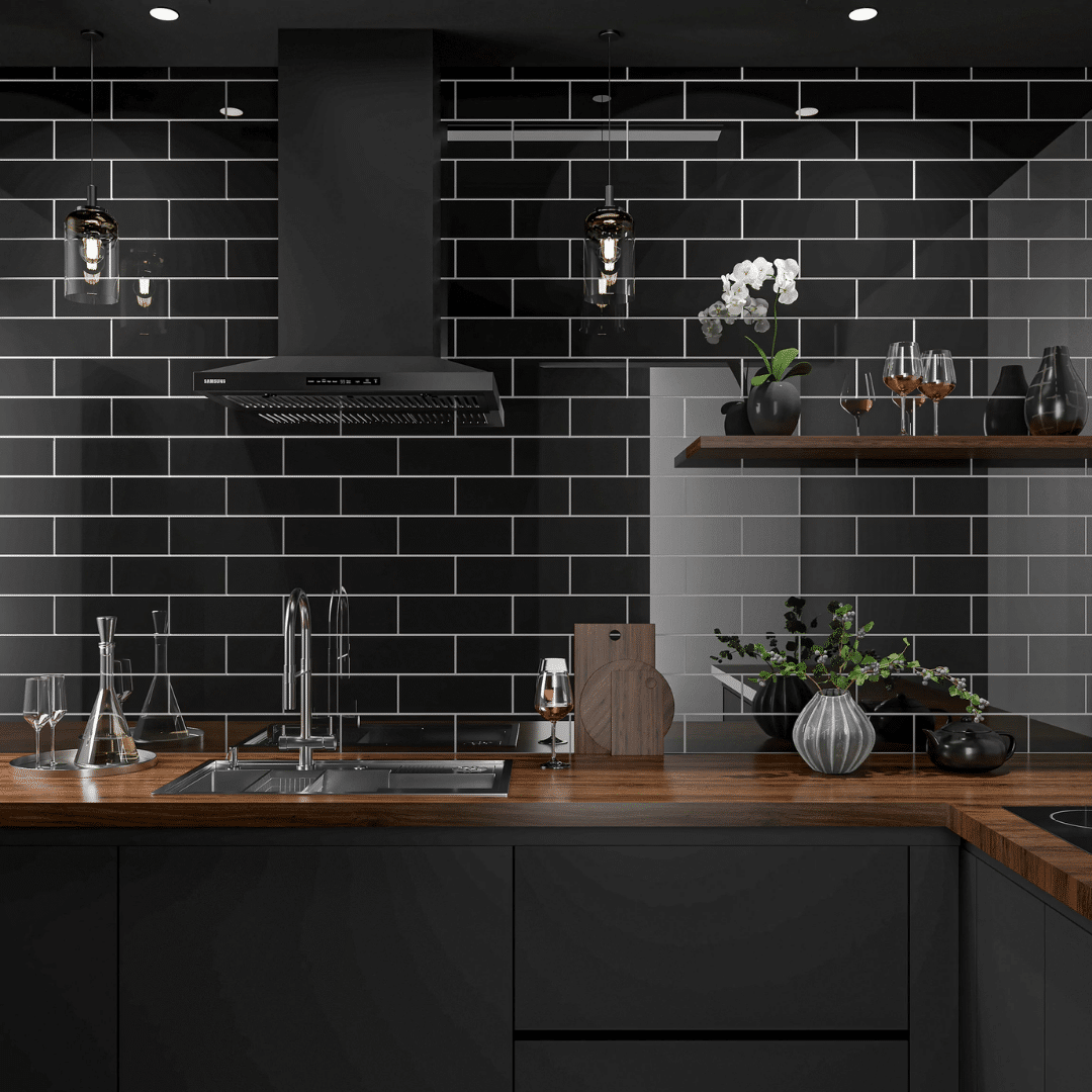 Polished metro effect black ceramic tile for wall designs