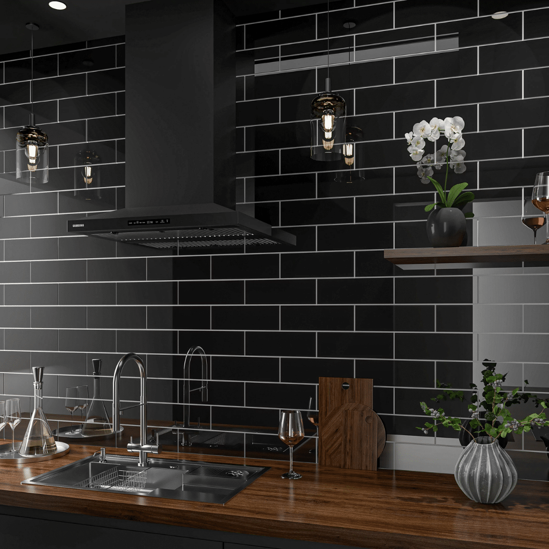 Polished metro effect black ceramic tile for wall designs