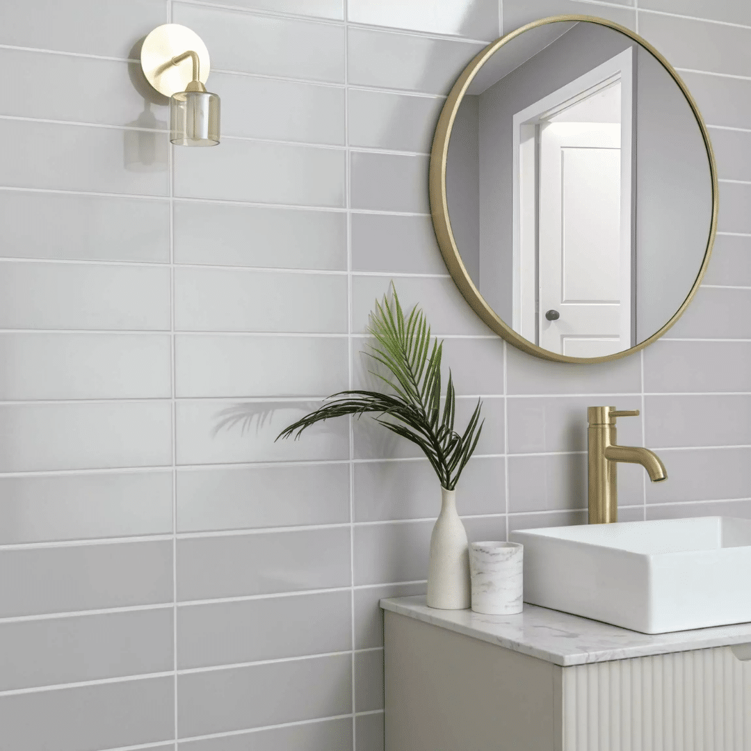 Light grey gloss ceramic brick tiles for interior walls