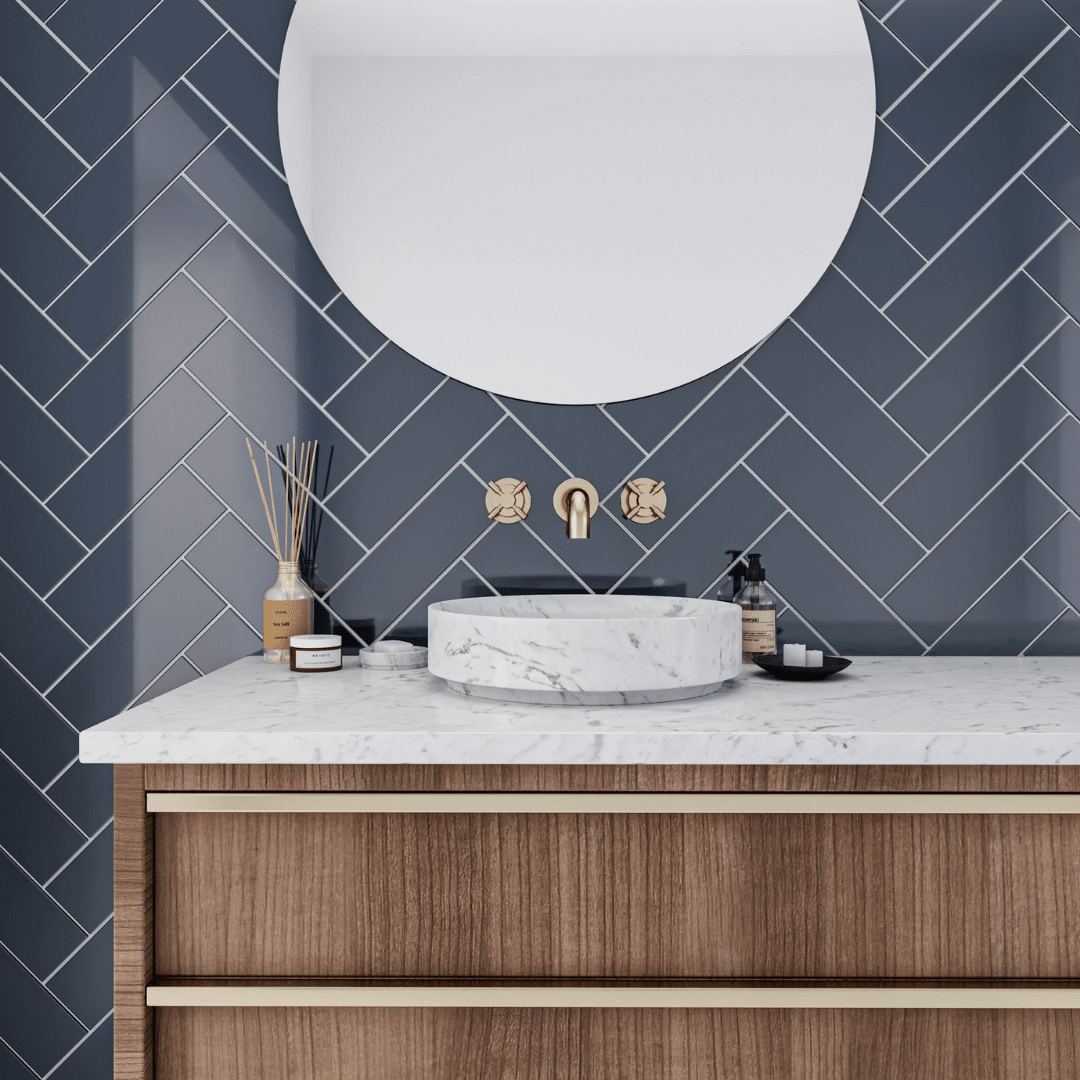 Gloss finish blue ceramic metro tile for interiors