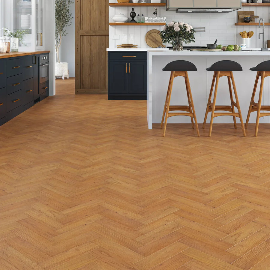 Verwood Golden Oak Herringbone Flooring in a room setting