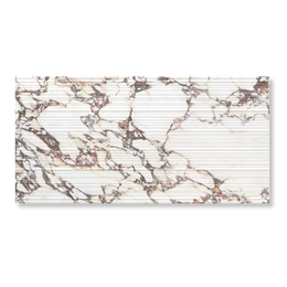Calacatta Viola Flow marble effect porcelain wall tile with 3D groove texture and violet veining