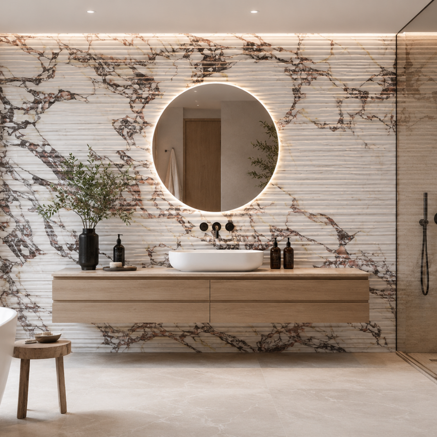 Calacatta Viola Flow wall tiles 600x1200mm shown on a bathroom feature wall