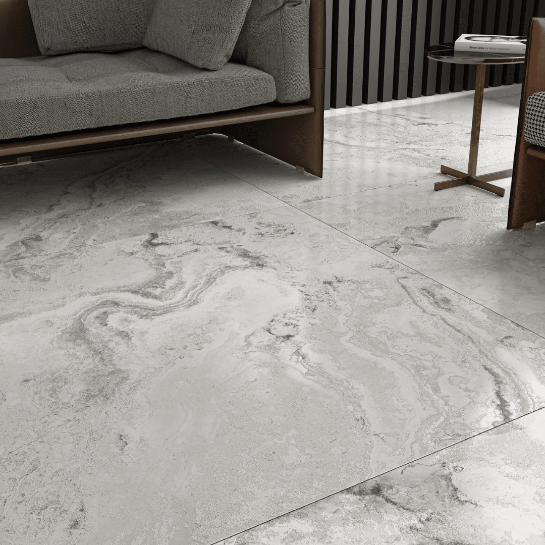 Porcelain grey marble effect tiles with subtle texture