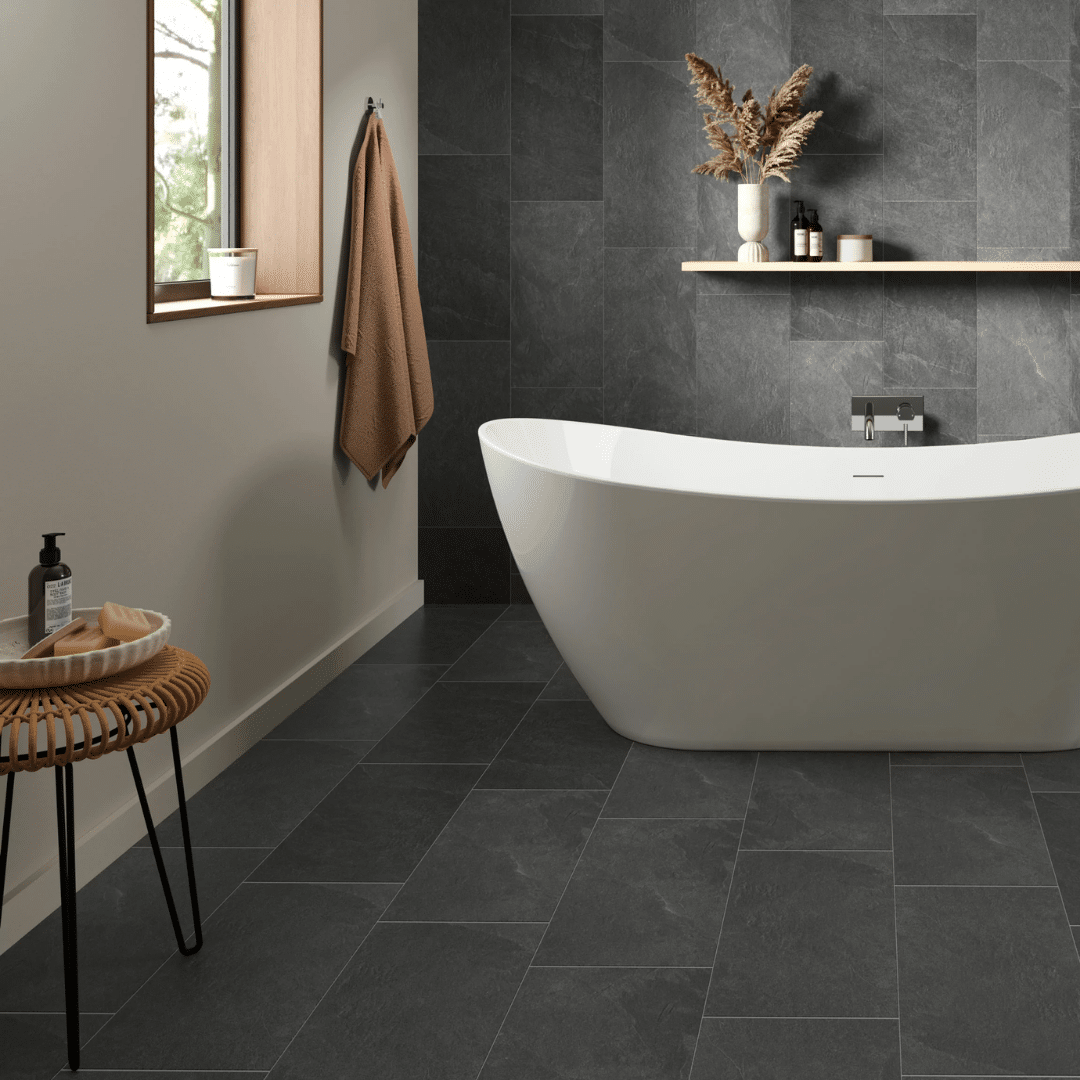 Matt black porcelain stone tiles for interior applications