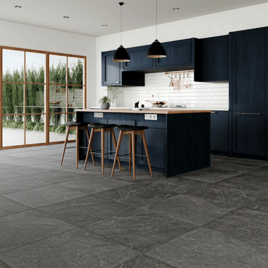 Elegant black matt stone look porcelain tiles for interiors
