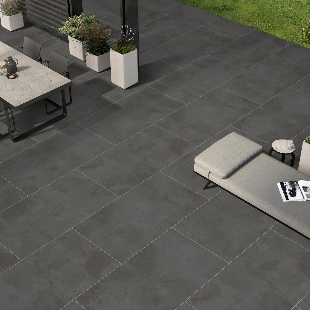 Cemento Nero grey stone effect porcelain floor tiles