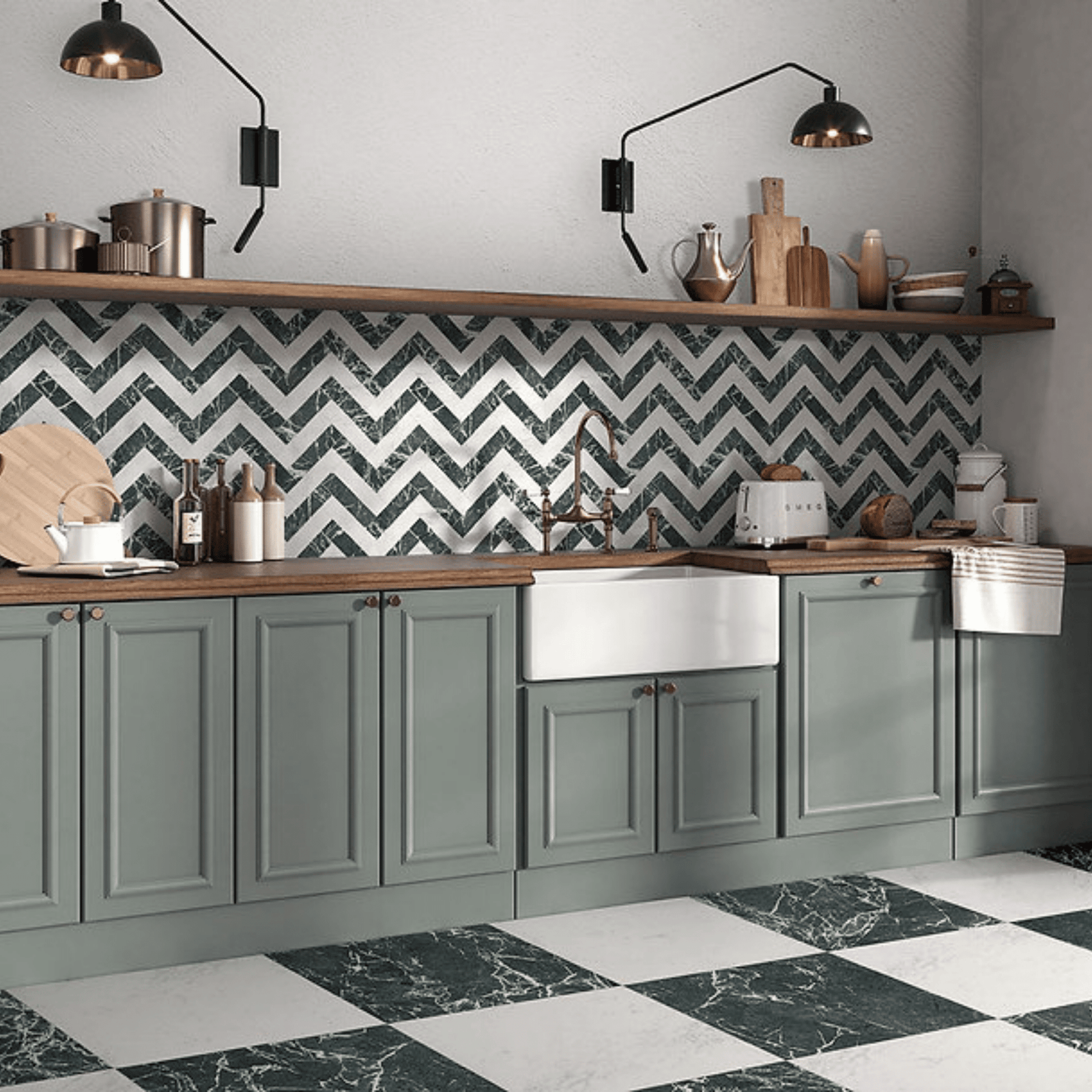 Green marble effect wall and floor tile