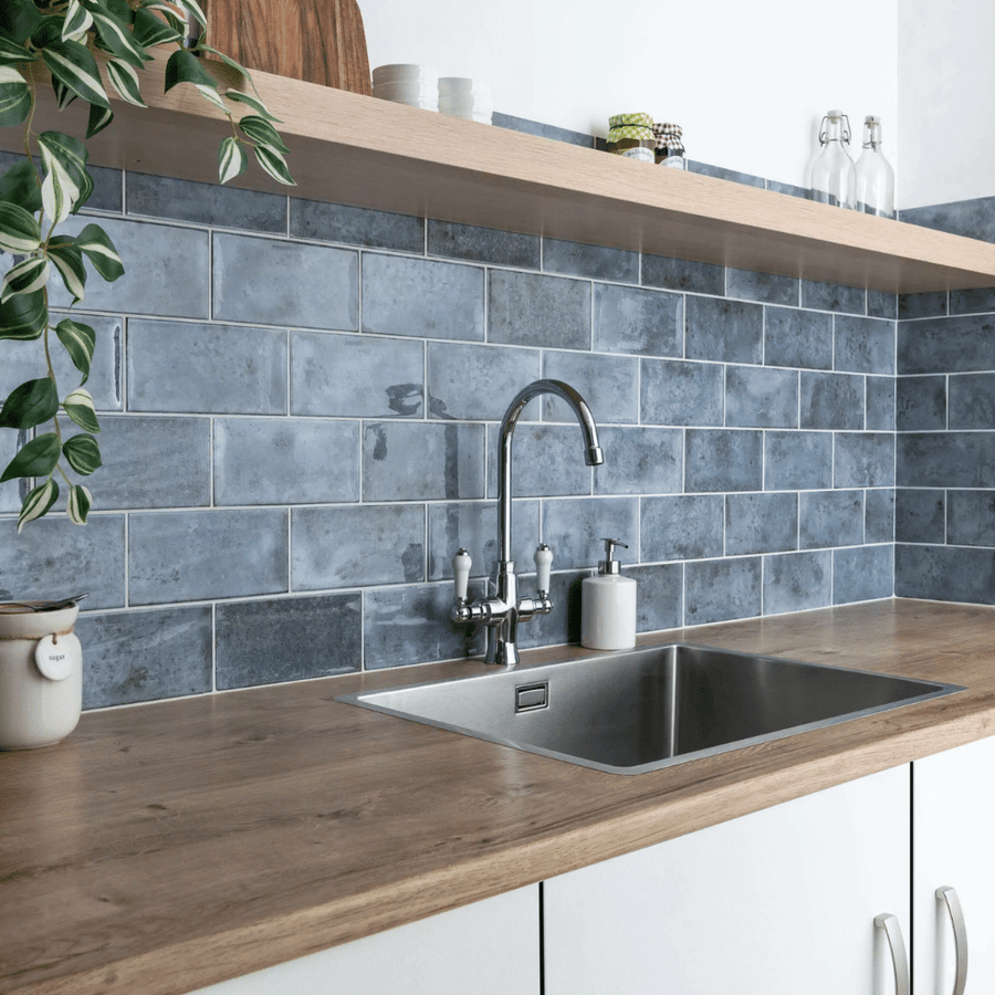 Blue ceramic metro design tile with glossy finish