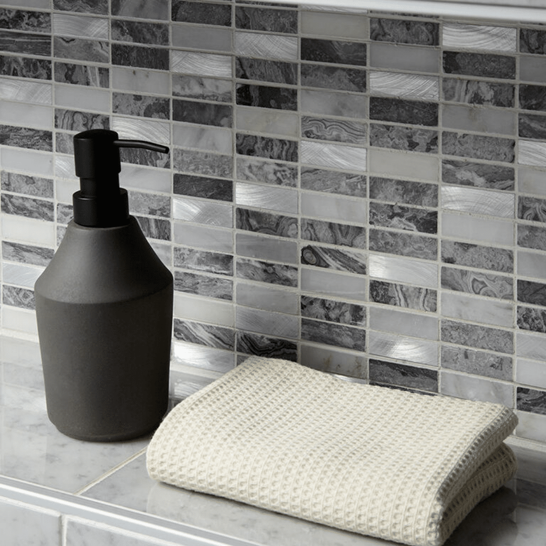 Linear mixed stone metal design mosaic for interiors
