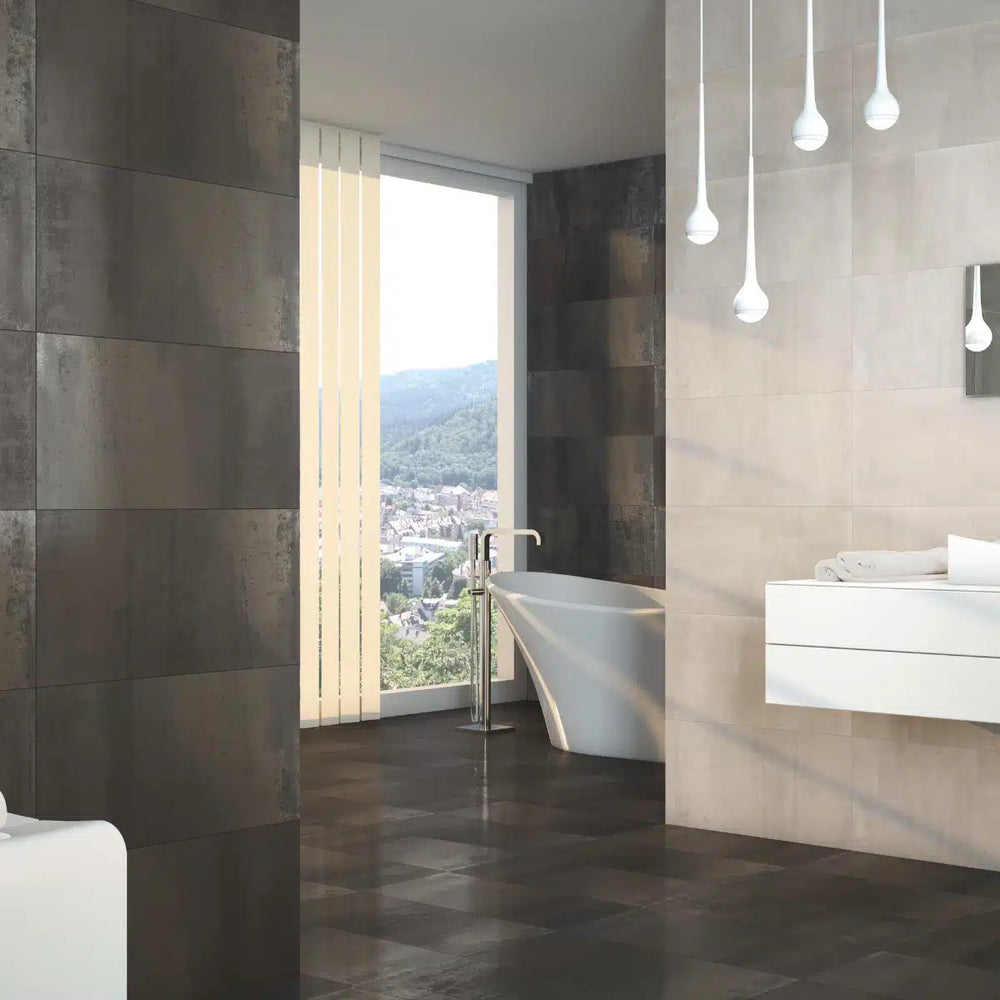 Minimalist porcelain wall tile behind sink with matte texture