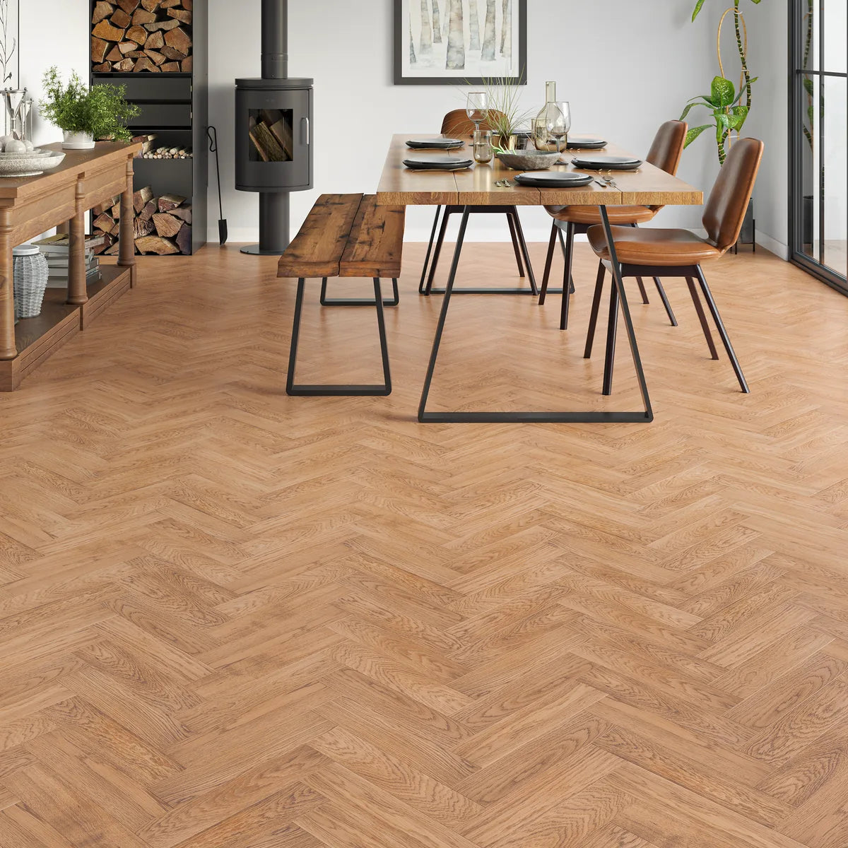 Hartwell Natural Oak Herringbone Flooring in a room setting