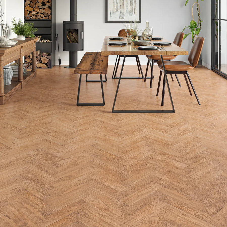 Hartwell Natural Oak Herringbone Flooring in a room setting