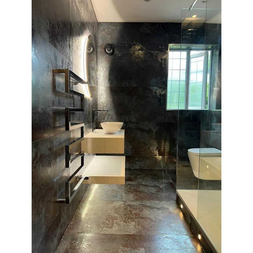 Plutonic Azul Blue metallic effect wall tiles installed