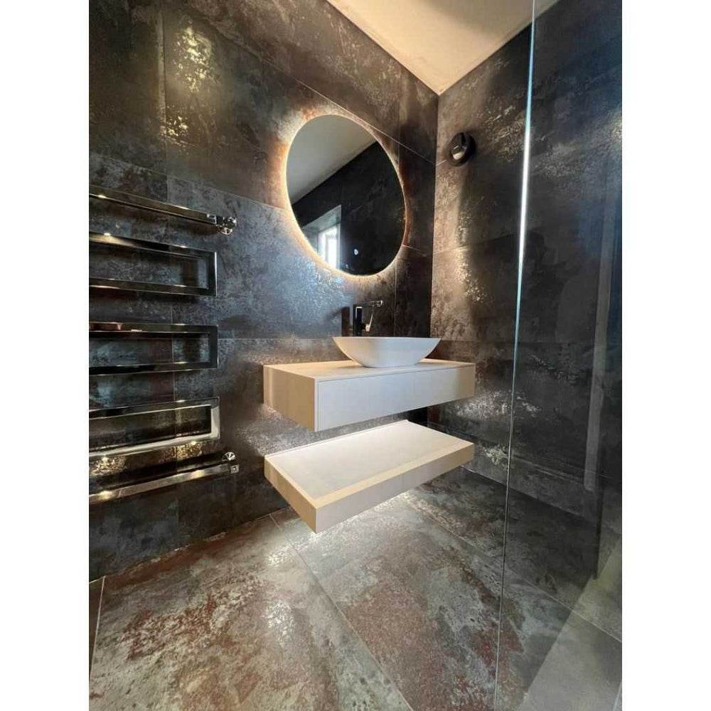 Plutonic Azul Blue metallic tiles installed