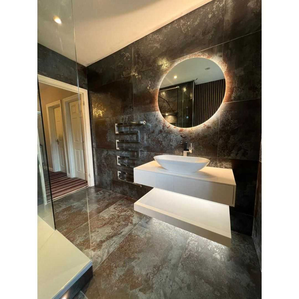 Plutonic Azul Blue metallic tiles in a room setting