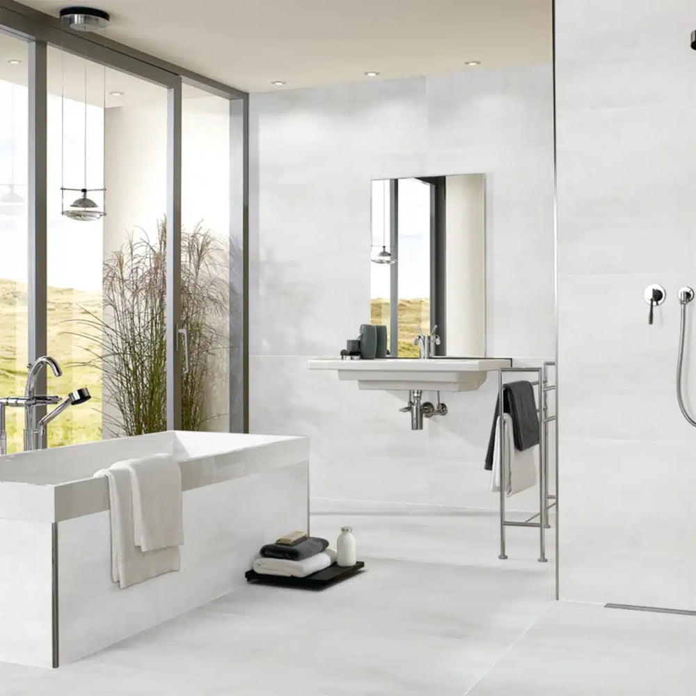 Dorian White Matte Porcelain Tile in Bathroom