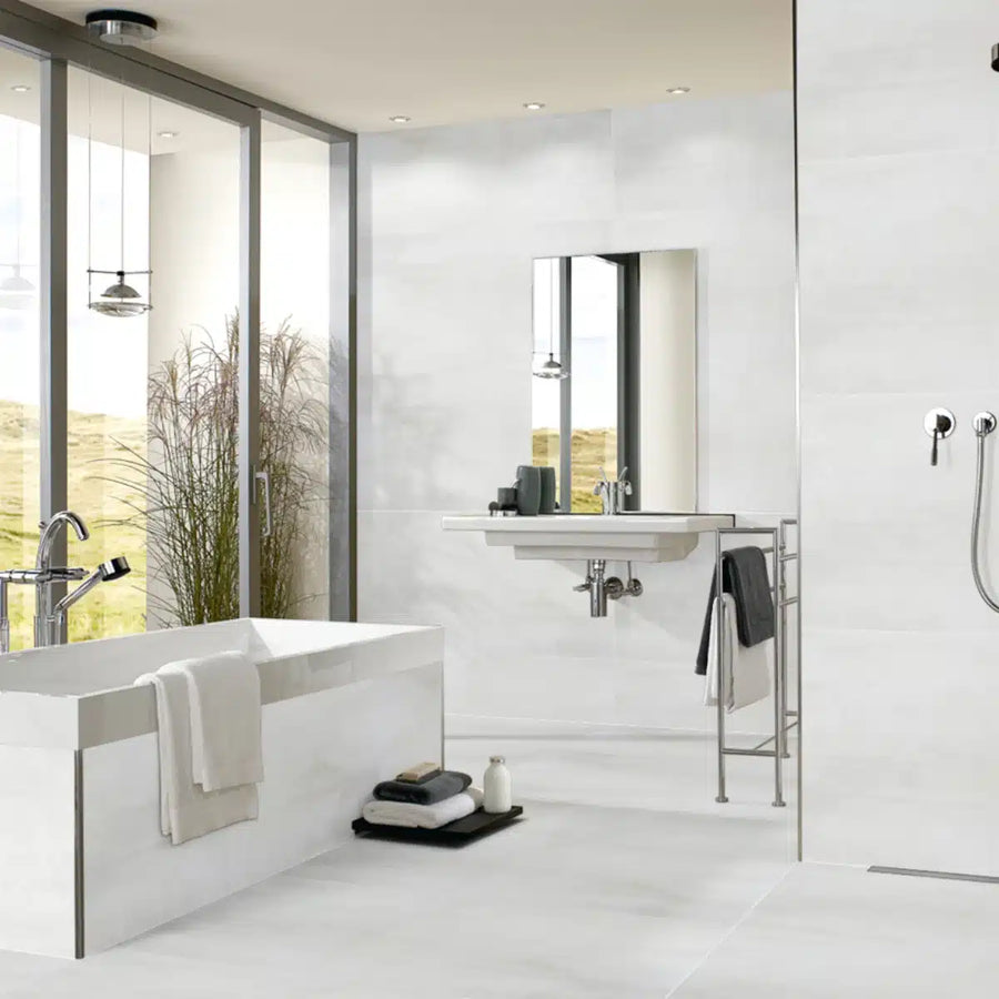 Dorian White Matte Porcelain Tile in Bathroom