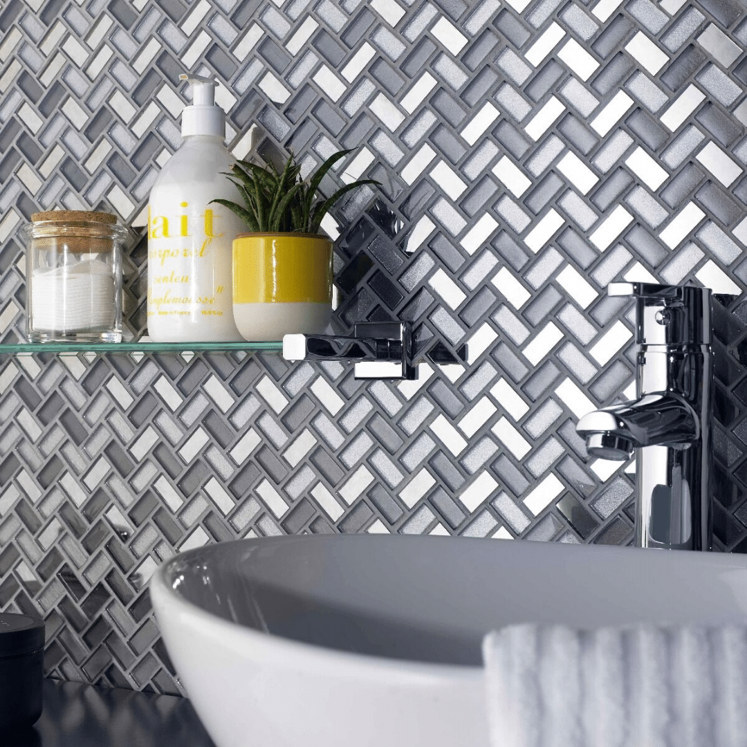 Dusk Grey herringbone glass mirror stone wall mosaic