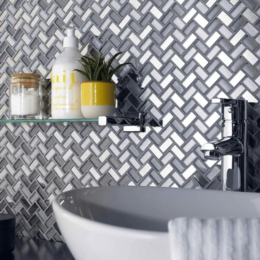 Dusk Grey herringbone glass mirror stone wall mosaic