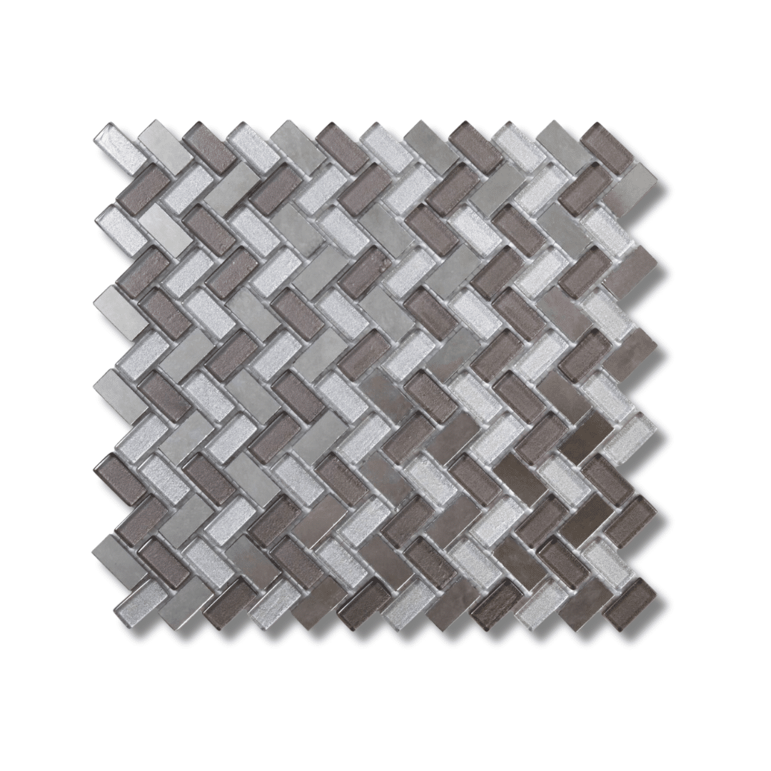 Stylish grey mixed finish glass stone herringbone tiles