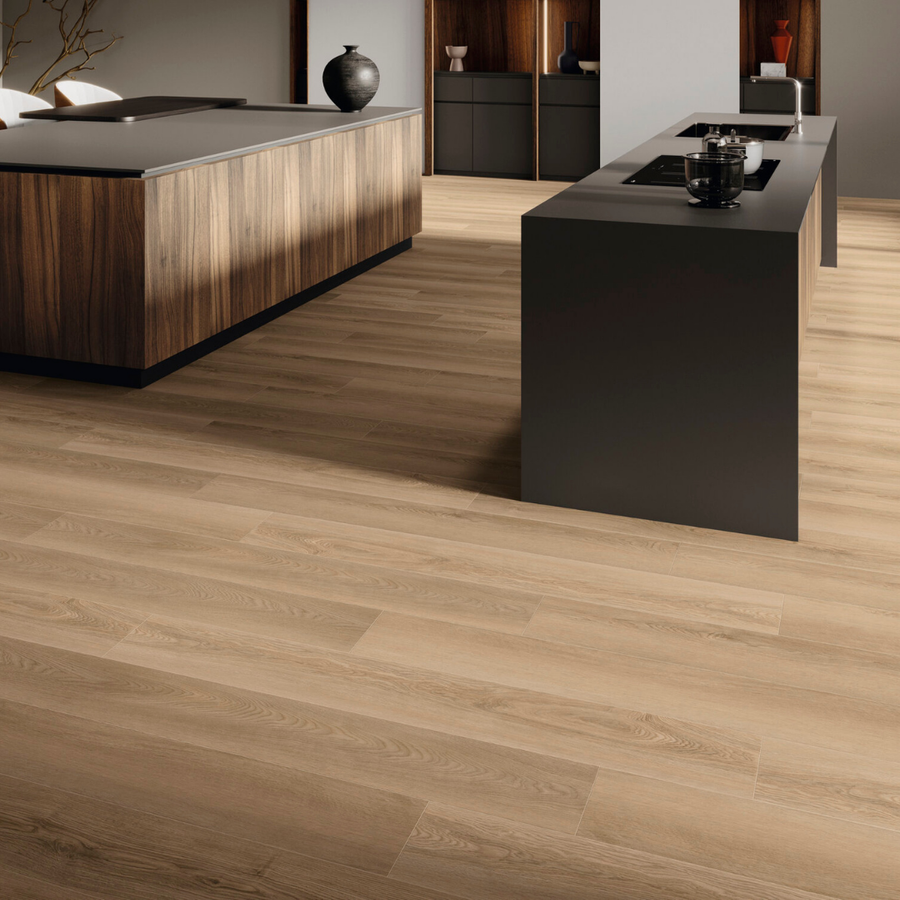 Brown SPC wood look tiles for modern interior flooring