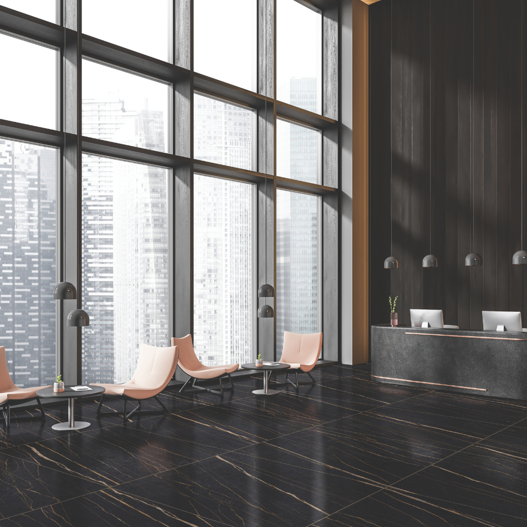 Polished black marble effect porcelain wall and floor tiles design