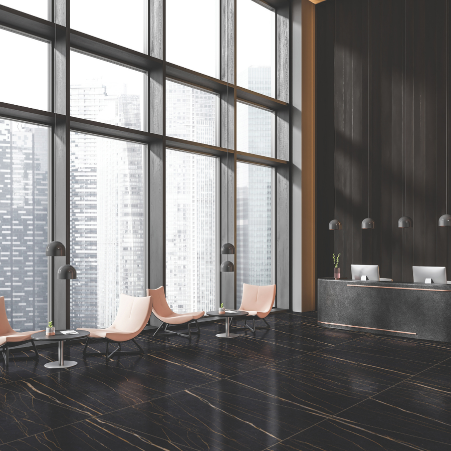 Polished black marble effect porcelain wall and floor tiles design