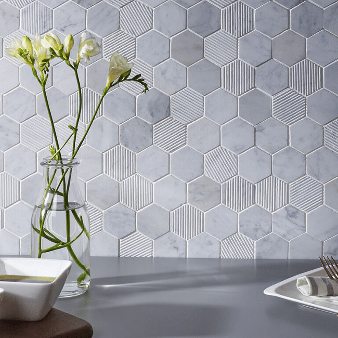 Fog Stone Hexagon grey marble mixed finish wall and floor tile