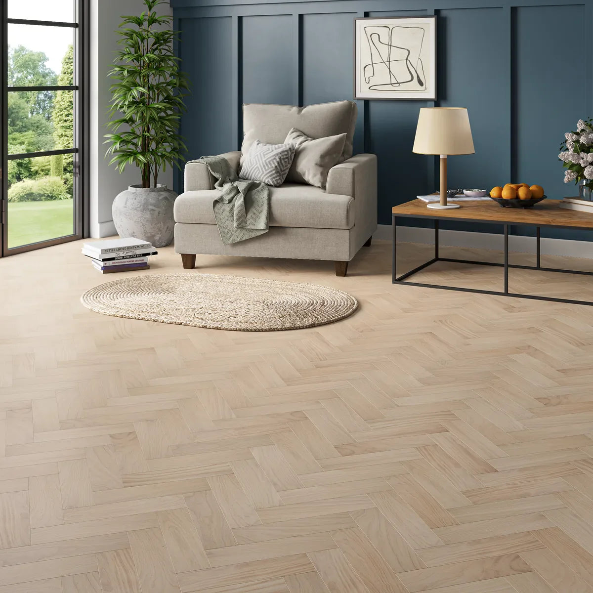 Dunmore Natural Oak Herringbone Flooring in a room setting