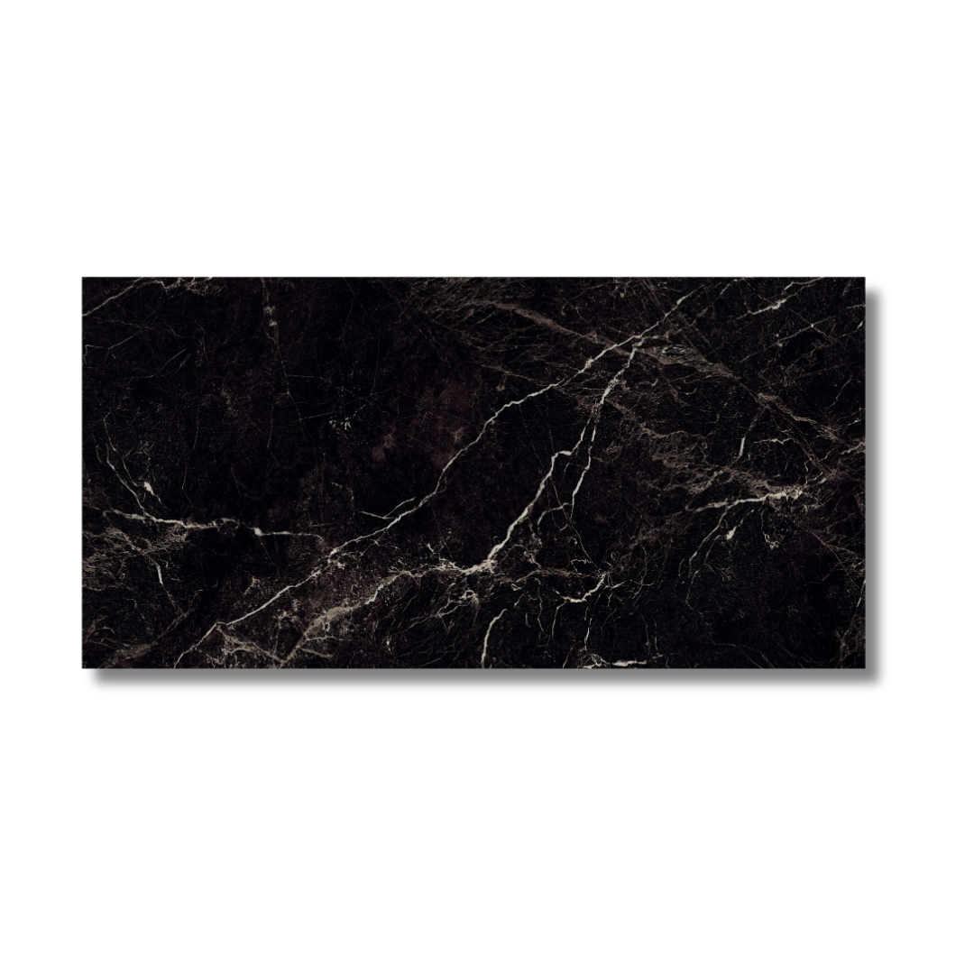 Hallway wall and floor with black porcelain marble effect tiles