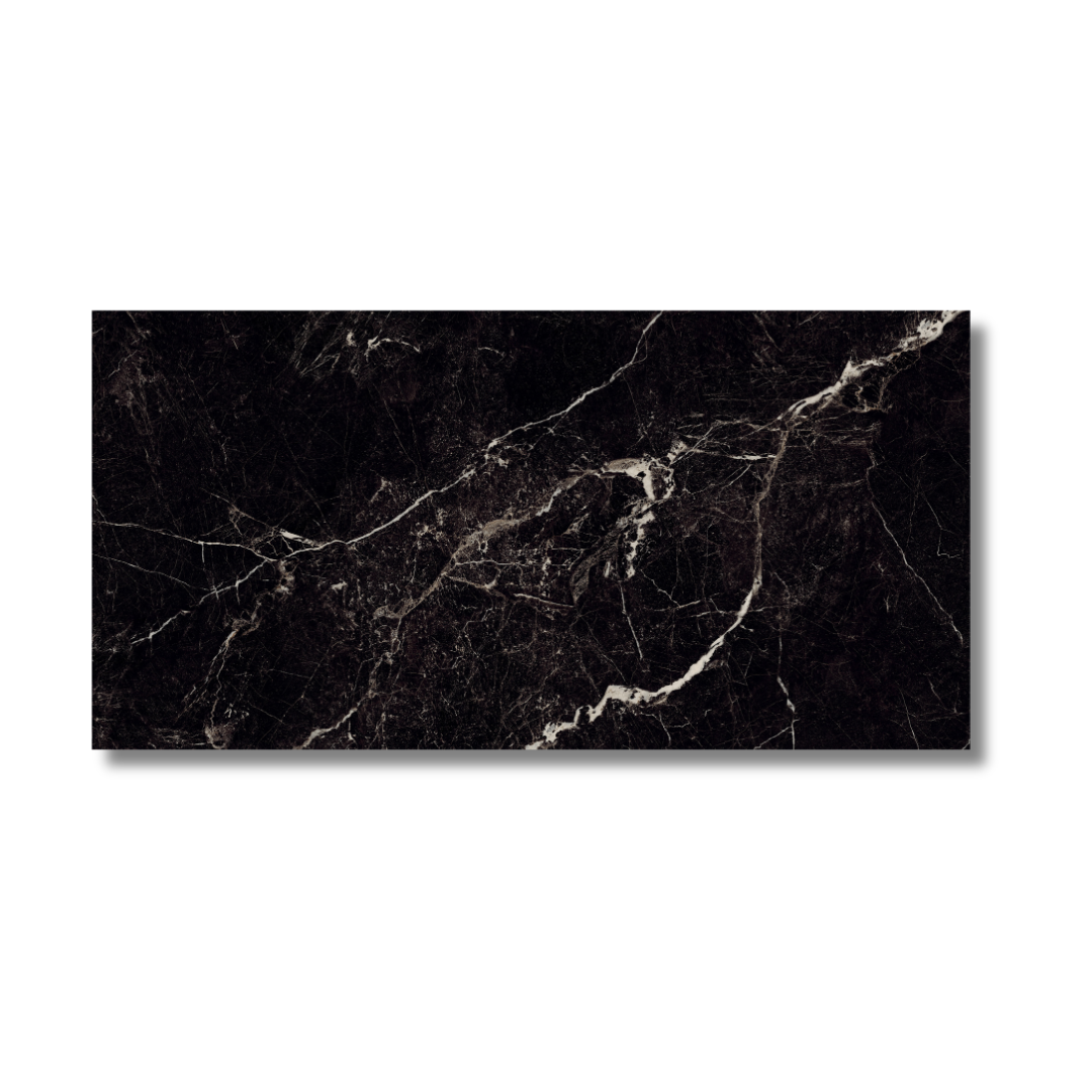 Kitchen interior wall and floor using black marble look tiles