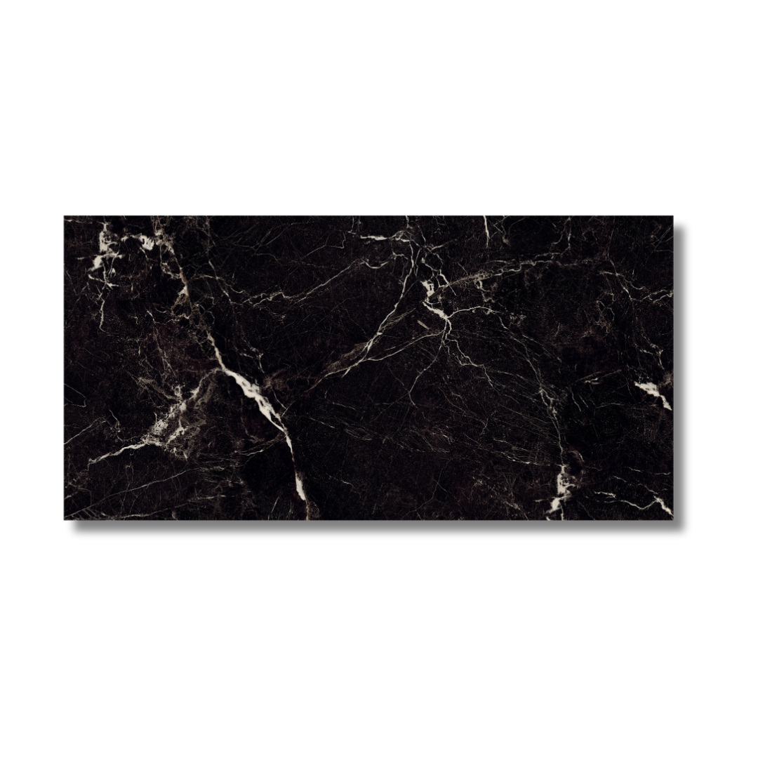 Bathroom wall and floor with black marble effect porcelain tiles