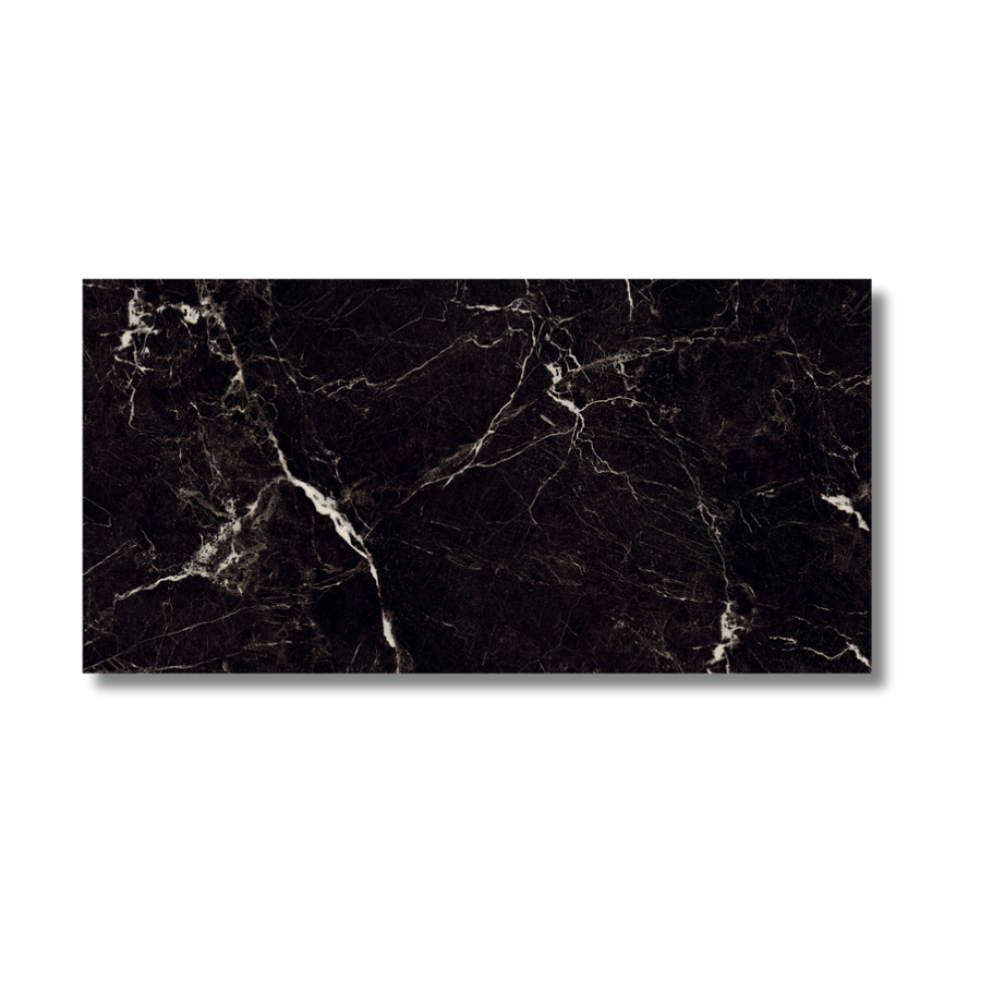 Bathroom wall and floor with black marble effect porcelain tiles