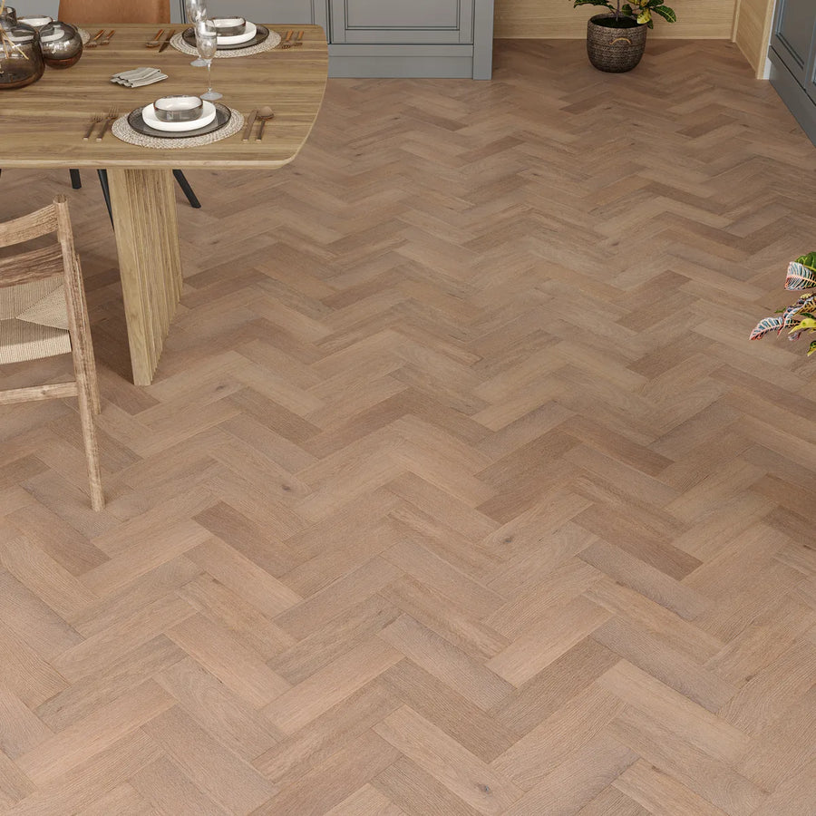 Ivybridge Smoked White Oak Herringbone Flooring in a room setting