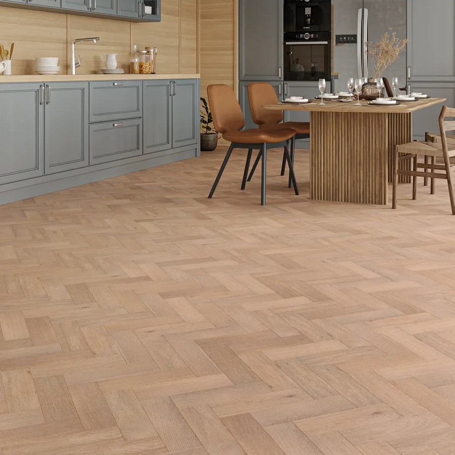 Ivybridge Smoked White Oak Herringbone Flooring in a room setting