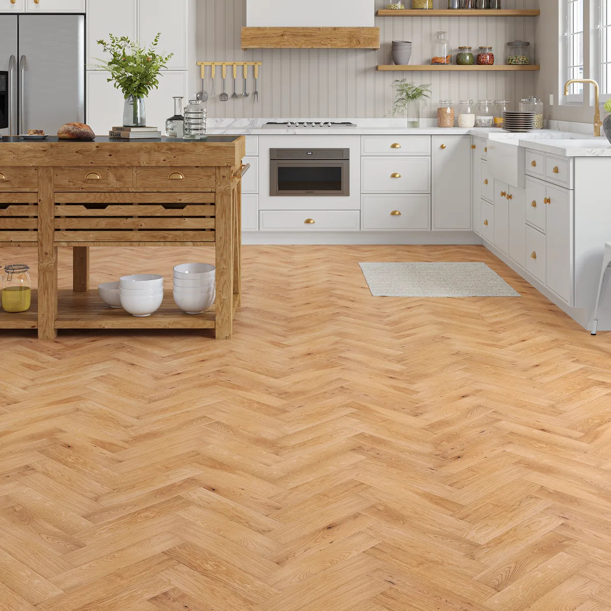 Thornton Natural Oak Herringbone Flooring in a room setting