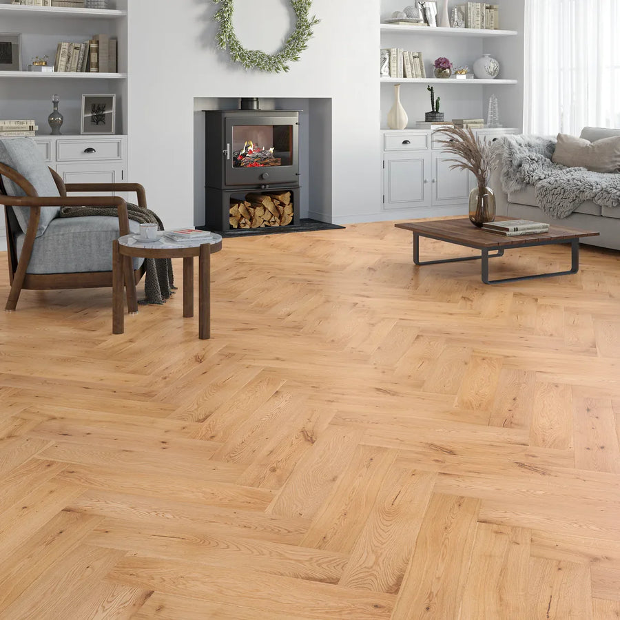 Blackmoor Natural Oak Herringbone Flooring in a room setting